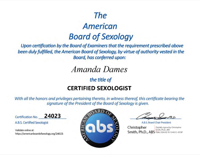 American Board of Sexology certificate for Amanda Dames